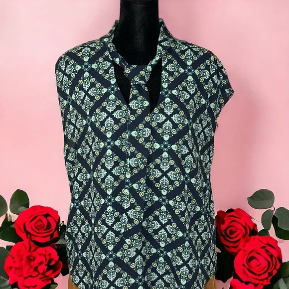 Loft Navy Blue w/ Green, White and Yellow patterned Top - Picture 1 of 1